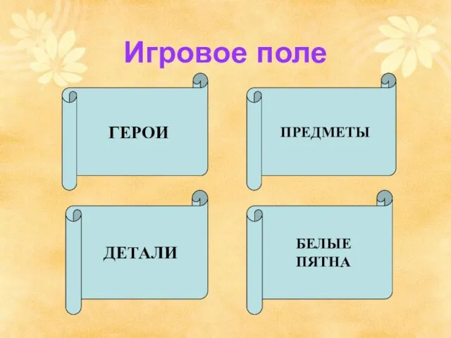 Игровое поле ГЕРОИ ПРЕДМЕТЫ ДЕТАЛИ БЕЛЫЕ ПЯТНА