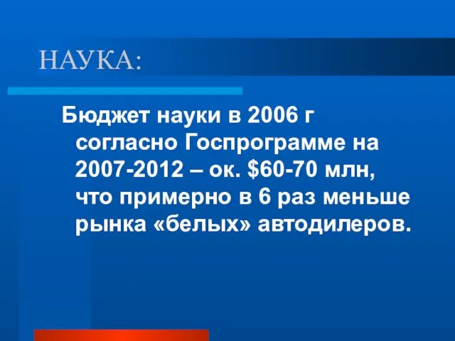 НАУКА: Бюджет науки в 2006 г согласно Госпрограмме на 2007-2012 – ок.