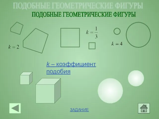 ПОДОБНЫЕ ГЕОМЕТРИЧЕСКИЕ ФИГУРЫ k – коэффициент подобия ЗАДАНИЕ