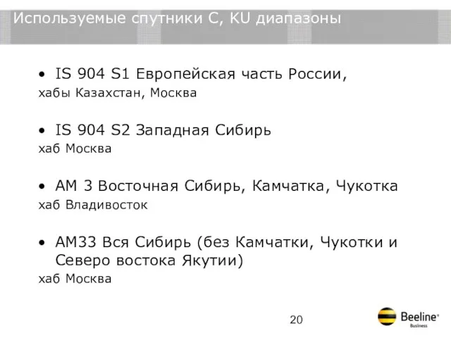 Используемые спутники С, KU диапазоны IS 904 S1 Европейская часть России, хабы