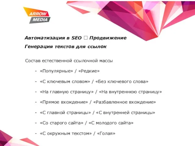 Автоматизация в SEO ? Продвижение Генерация текстов для ссылок Состав естественной ссылочной