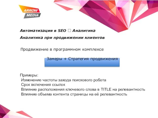 Автоматизация в SEO ? Аналитика Аналитика при продвижении клиентов Продвижение в программном