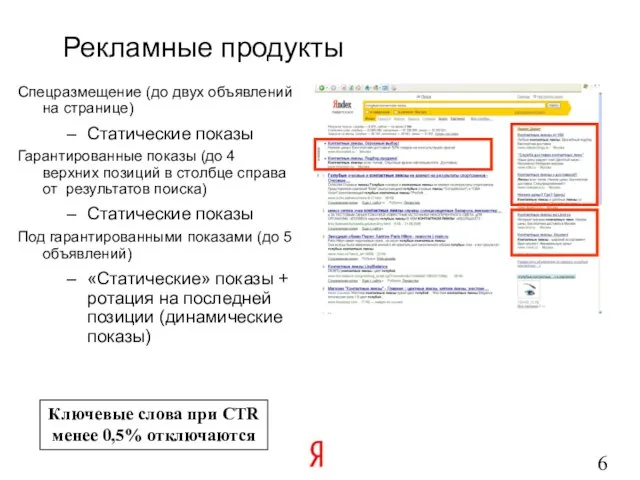 Рекламные продукты Спецразмещение (до двух объявлений на странице) Статические показы Гарантированные показы