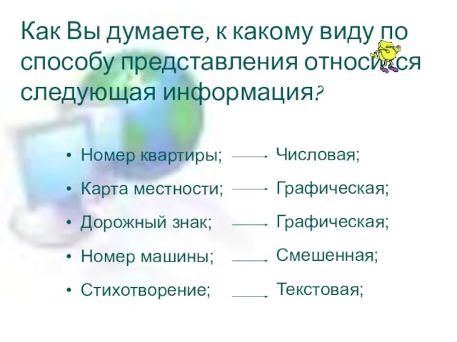 Как Вы думаете, к какому виду по способу представления относится следующая информация?