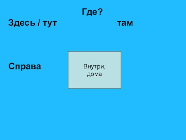 Где? Здесь / тут там Справа слева Внутри, дома