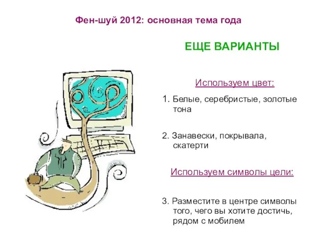 Фен-шуй 2012: основная тема года ЕЩЕ ВАРИАНТЫ Используем цвет: 1. Белые, серебристые,