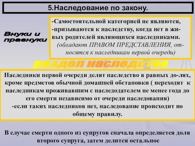 5.Наследование по закону. Внуки и правнуки -Самостоятельной категорией не являются, -призываются к