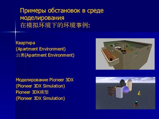 Примеры обстановок в среде моделирования 在模拟环境下的环境事例: Квартира (Apartment Environment) 公寓(Apartment Environment) Моделирование