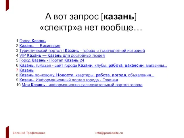 А вот запрос [казань] «спектр»а нет вообще… 1 Город Казань 2 Казань