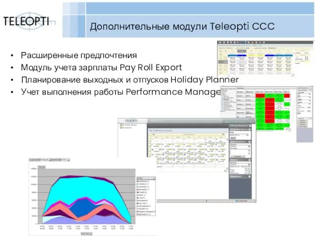 Copyright Teleopti AB Дополнительные модули Teleopti CCC Расширенные предпочтения Модуль учета зарплаты