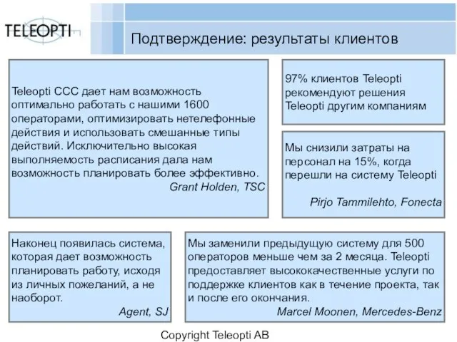 Copyright Teleopti AB Подтверждение: результаты клиентов Teleopti CCC дает нам возможность оптимально