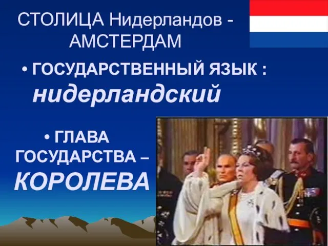 СТОЛИЦА Нидерландов - АМСТЕРДАМ ГОСУДАРСТВЕННЫЙ ЯЗЫК : нидерландский ГЛАВА ГОСУДАРСТВА – КОРОЛЕВА