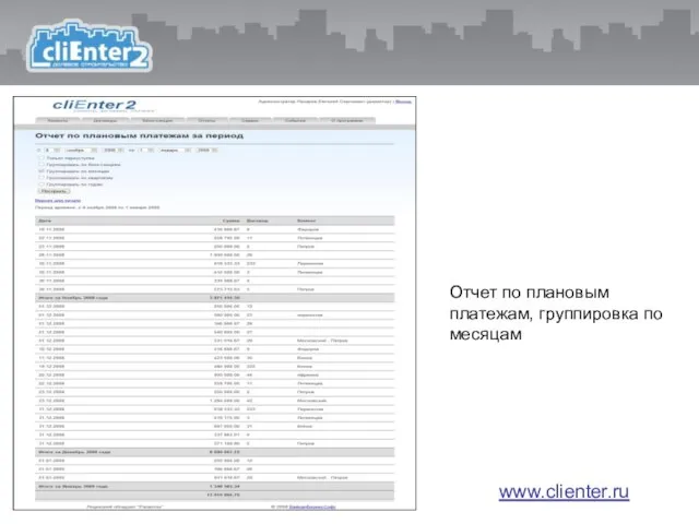 Отчет по плановым платежам, группировка по месяцам www.clienter.ru