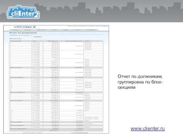 Отчет по должникам, группировка по блок-секциям www.clienter.ru