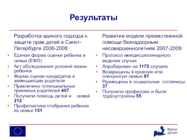 Результаты Разработка единого подхода к защите прав детей в Санкт-Петербурге 2006-2008: Единая