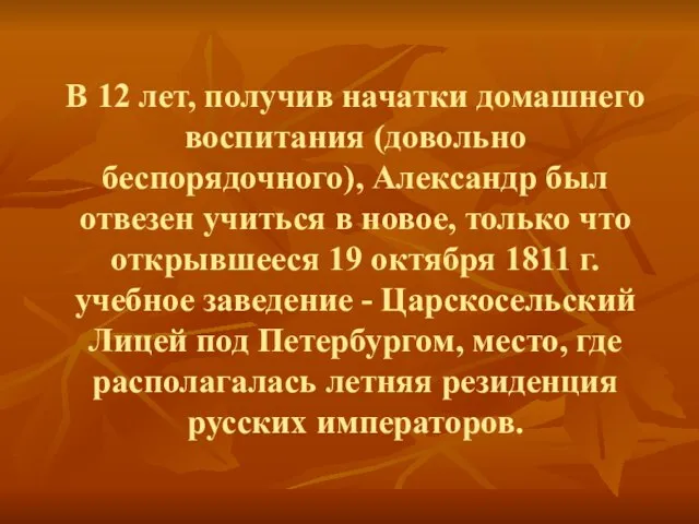 В 12 лет, получив начатки домашнего воспитания (довольно беспорядочного), Александр был отвезен