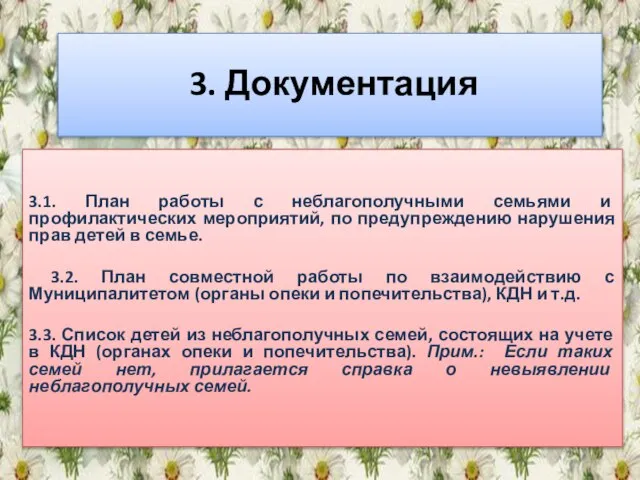 3. Документация 3.1. План работы с неблагополучными семьями и профилактических мероприятий, по