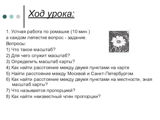 Ход урока: 1. Устная работа по ромашке (10 мин.) а каждом лепестке