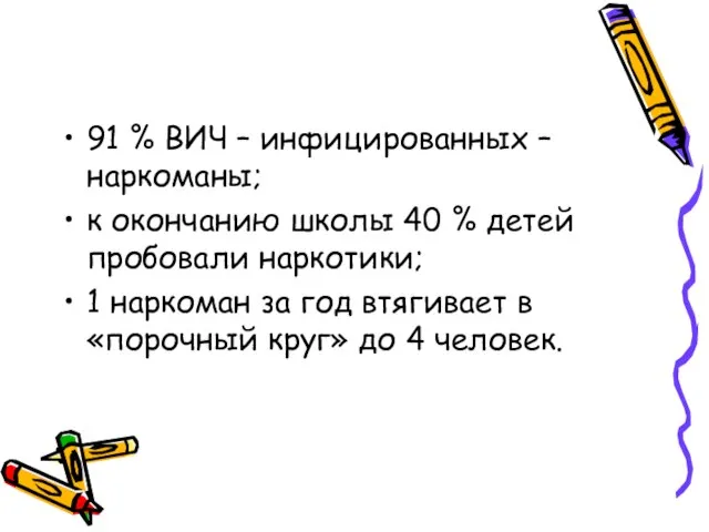 91 % ВИЧ – инфицированных – наркоманы; к окончанию школы 40 %