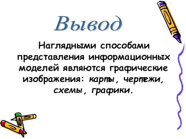 Наглядными способами представления информационных моделей являются графические изображения: карты, чертежи, схемы, графики. Вывод