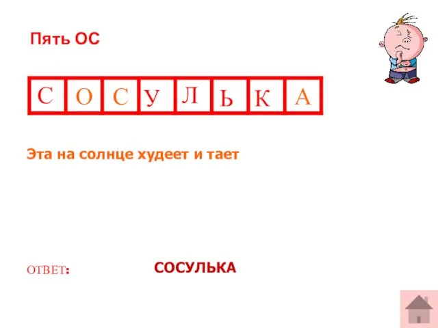 Эта на солнце худеет и тает ОТВЕТ: СОСУЛЬКА Пять ОС С У Л Ь К