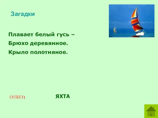 Загадки Плавает белый гусь – Брюхо деревянное. Крыло полотняное. ОТВЕТ: ЯХТА