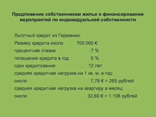 Предложение собственникам жилья о финансировании мероприятий по индивидуальной собственности Льготный кредит из