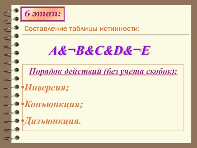 Составление таблицы истинности: 6 этап: A&¬B&C&D&¬Е Порядок действий (без учета скобок): Инверсия; Конъюнкция; Дизъюнкция.