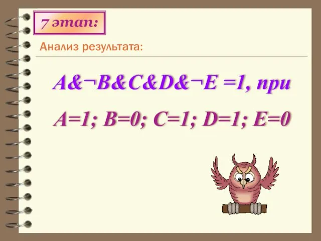 Анализ результата: 7 этап: A&¬B&C&D&¬Е =1, при А=1; В=0; С=1; D=1; E=0