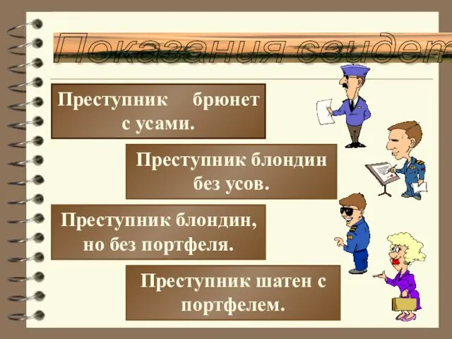 Показания свидетелей Преступник брюнет с усами. Преступник блондин без усов. Преступник блондин,