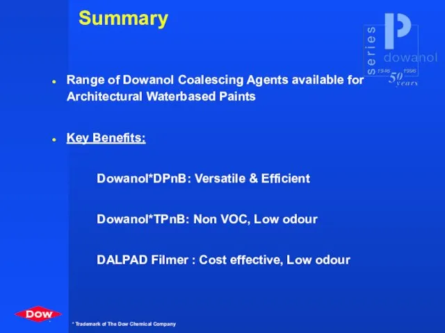 Summary Range of Dowanol Coalescing Agents available for Architectural Waterbased Paints Key