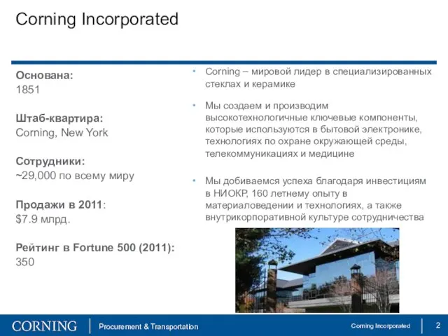 Corning Incorporated Основана: 1851 Штаб-квартира: Corning, New York Сотрудники: ~29,000 по всему