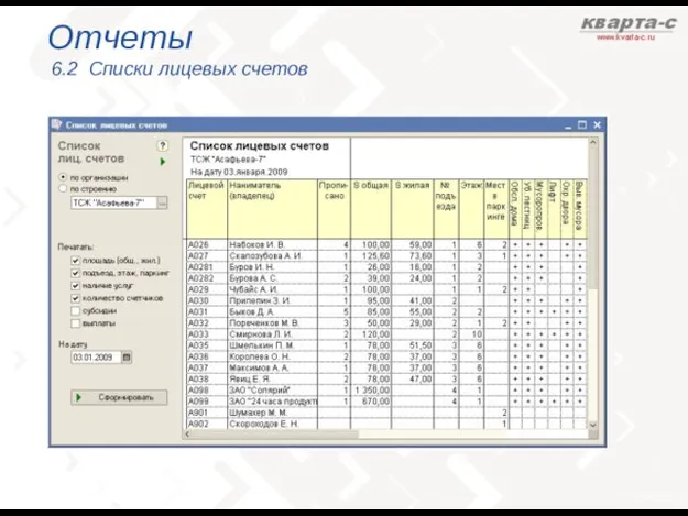 Отчеты 6.2 Списки лицевых счетов