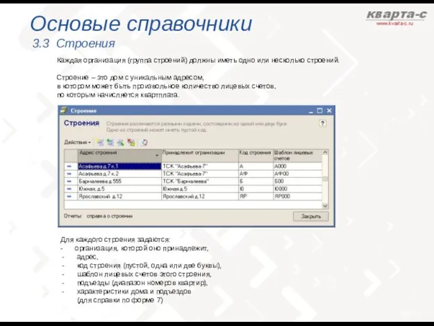 Основые справочники 3.3 Строения Каждая организация (группа строений) должны иметь одно или