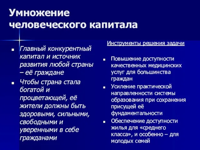 Умножение человеческого капитала Главный конкурентный капитал и источник развития любой страны –