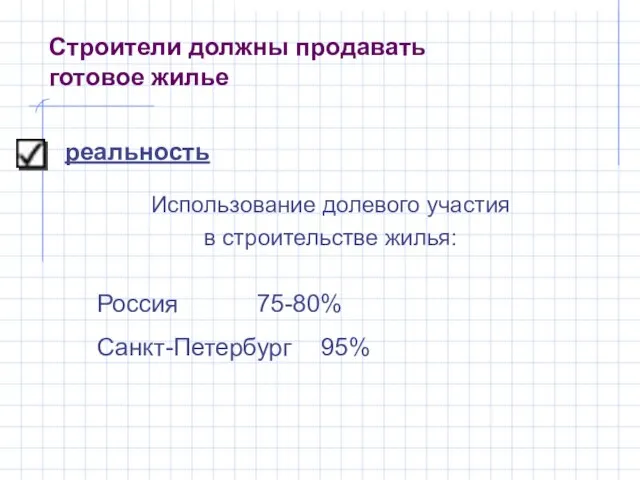 реальность Использование долевого участия в строительстве жилья: Россия 75-80% Санкт-Петербург 95% Строители должны продавать готовое жилье