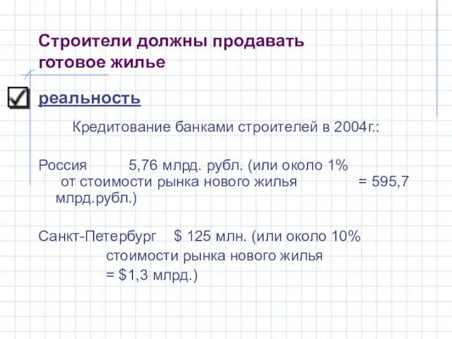 реальность Кредитование банками строителей в 2004г.: Россия 5,76 млрд. рубл. (или около