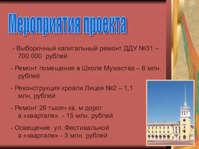Мероприятия проекта - Выборочный капитальный ремонт ДДУ №31 – 700 000 рублей