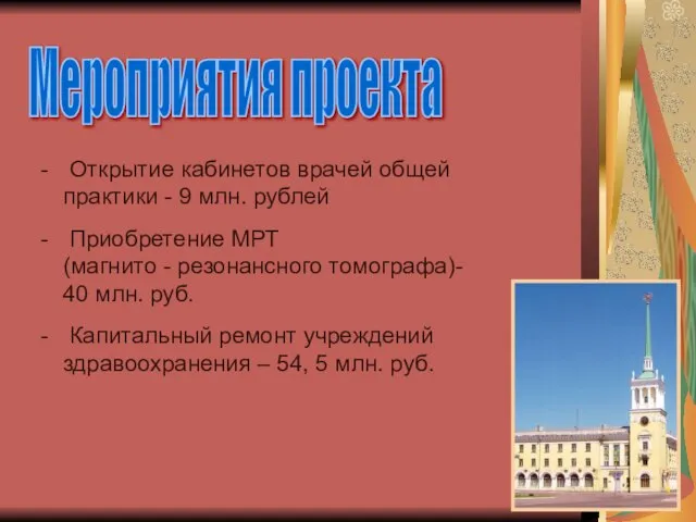 Мероприятия проекта Открытие кабинетов врачей общей практики - 9 млн. рублей Приобретение