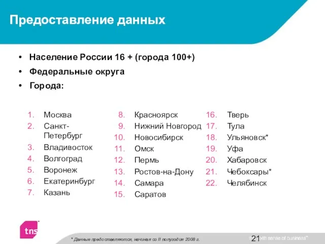 Население России 16 + (города 100+) Федеральные округа Города: Предоставление данных Москва