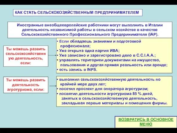 КАК СТАТЬ СЕЛЬСКОХОЗЯЙСТВЕННЫМ ПРЕДПРИНИМАТЕЛЕМ Иностранные внеобщеевропейские работники могут выполнить в Италии деятельность