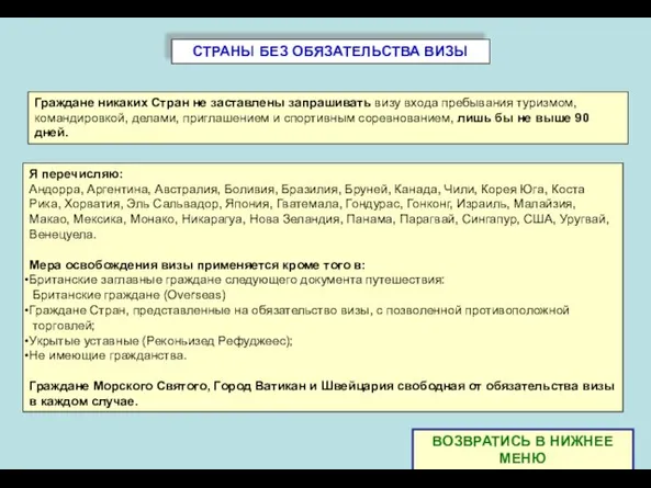 СТРАНЫ БЕЗ ОБЯЗАТЕЛЬСТВА ВИЗЫ Граждане никаких Стран не заставлены запрашивать визу входа