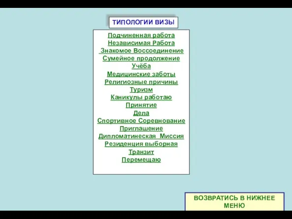 ТИПОЛОГИИ ВИЗЫ Подчиненная работа Независимая Работа Знакомое Воссоединение Сумейное продолжение Учёба Медицинские