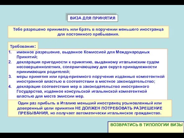 ВИЗА ДЛЯ ПРИНЯТИЯ именное разрешение, выданное Комиссией для Международных Принятий; декларация пригодности