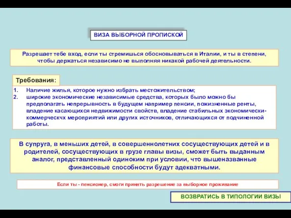 ВИЗА ВЫБОРНОЙ ПРОПИСКОЙ Наличие жилья, которое нужно избрать местожительством; широкие экономические независимые