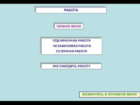 РАБОТА ПОДЧИНЕННАЯ РАБОТА НЕЗАВИСИМАЯ РАБОТА СЕЗОННАЯ РАБОТА КАК НАХОДИТЬ РАБОТУ ВОЗВРАТИСЬ В ОСНОВНОЕ MEНЮ НИЖНЕЕ МЕНЮ