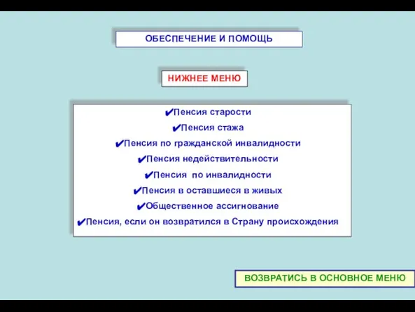 ОБЕСПЕЧЕНИЕ И ПОМОЩЬ Пенсия старости Пенсия стажа Пенсия по гражданской инвалидности Пенсия