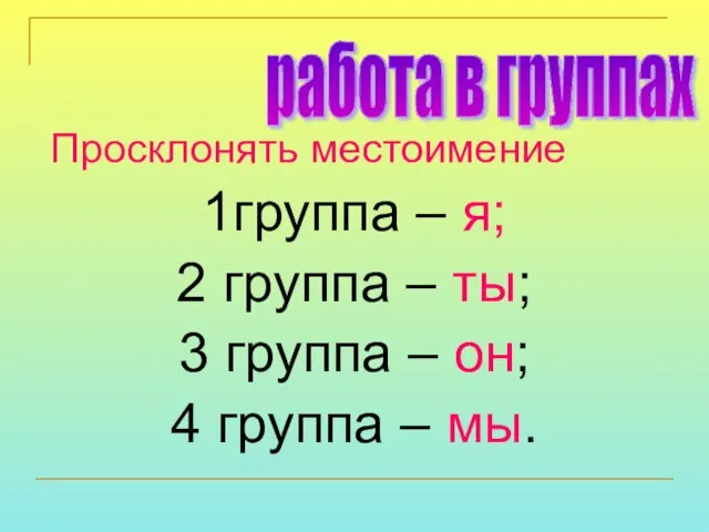 Просклонять местоимение 1группа – я; 2 группа – ты; 3 группа –