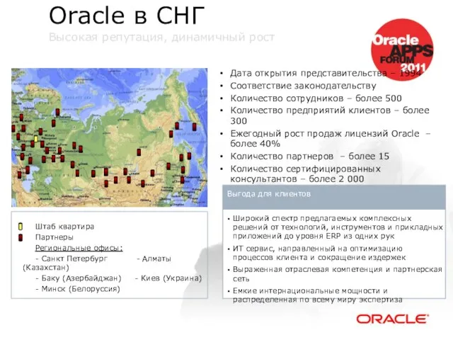 Oracle в СНГ Высокая репутация, динамичный рост Штаб квартира Партнеры Региональные офисы: