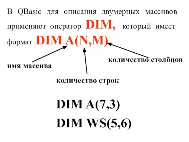 В QBasic для описания двумерных массивов применяют оператор DIM, который имеет формат